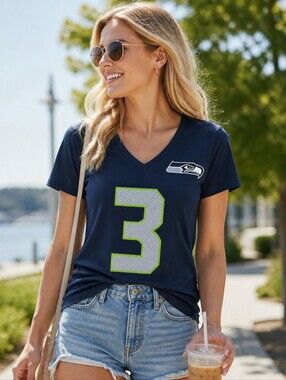 NFL Women's Navy V-Neck Tee with Lime Green '3' and Team Logo